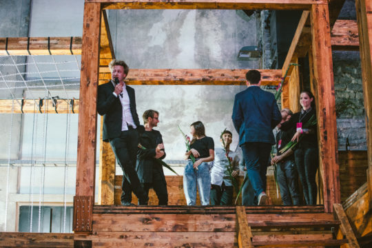 TAB 2015 Director Marten Kaevats (left) explores Casagrande Laboratory's modular PARACITY at the TAB-Lab exhibition at the main TAB 2015 venue, the Kultuurikatel cultural centre, Tallinn, © TAB 2015
