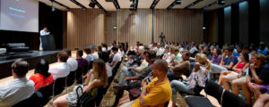 Audience watching Sanford Kwinter, Speculative Materialism in Architecture symposium, 2011, in the auditorium, Hotel Lone, Rovinj, © MLAUS.