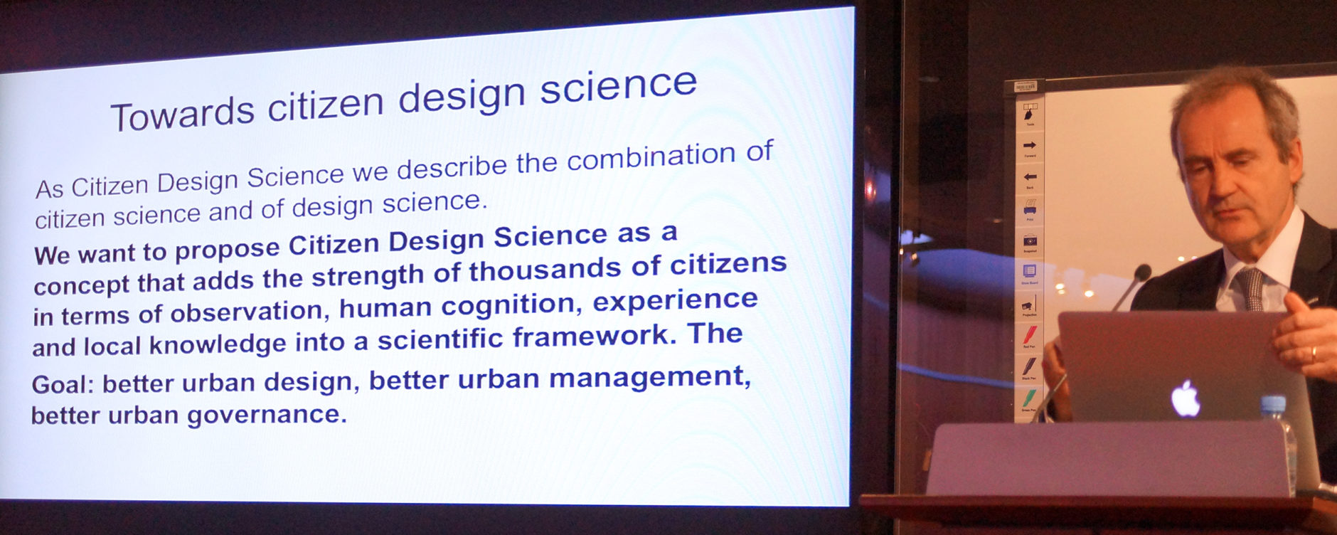 Professor Dr Gerhard Schmitt explaining his proposal for Citizen Design Science, Sustainable Urbanism New Directions Workshop, 21 March 2016, University of Qatar, © University of Qatar.
