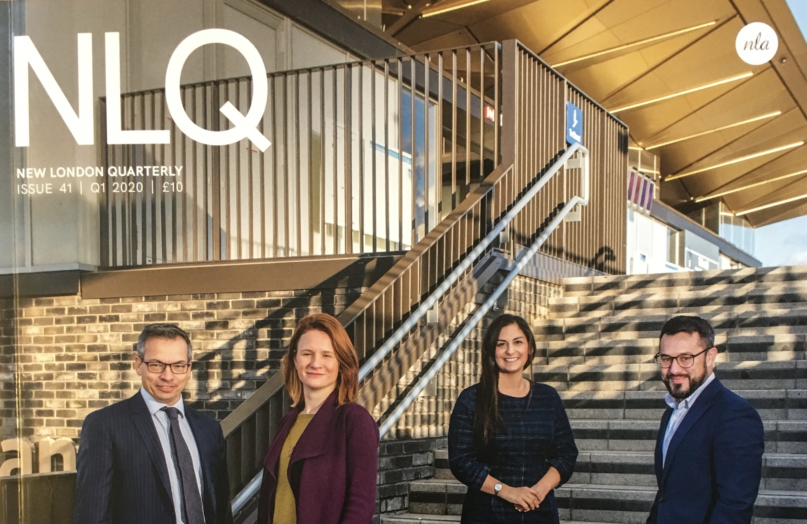 Front cover of New London Quarterly, winter issue, published Dec 2019, editor David Taylor, featuring (l-r) Enfield Council's Ian Davis (Chief Executive), Sarah Cary (Executive Director, Place), Nesil Caliskan (Leader) and Peter George (Programme Director - Meridian Water). Photo © Grant Smith.