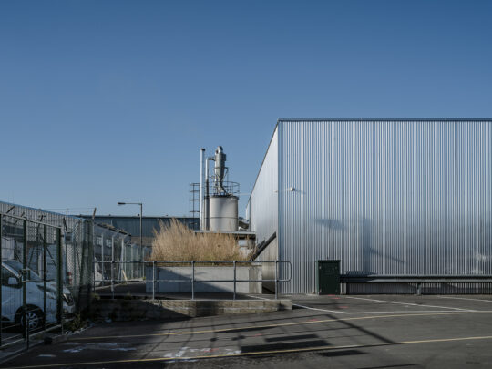 Bloqs' new factory's biomass boiler providing renewable energy for heating and hot water from all its waste wood chip and saw dust through dust extraction; and SuDs on the corner of the building. Photo: Timothy Soar.
