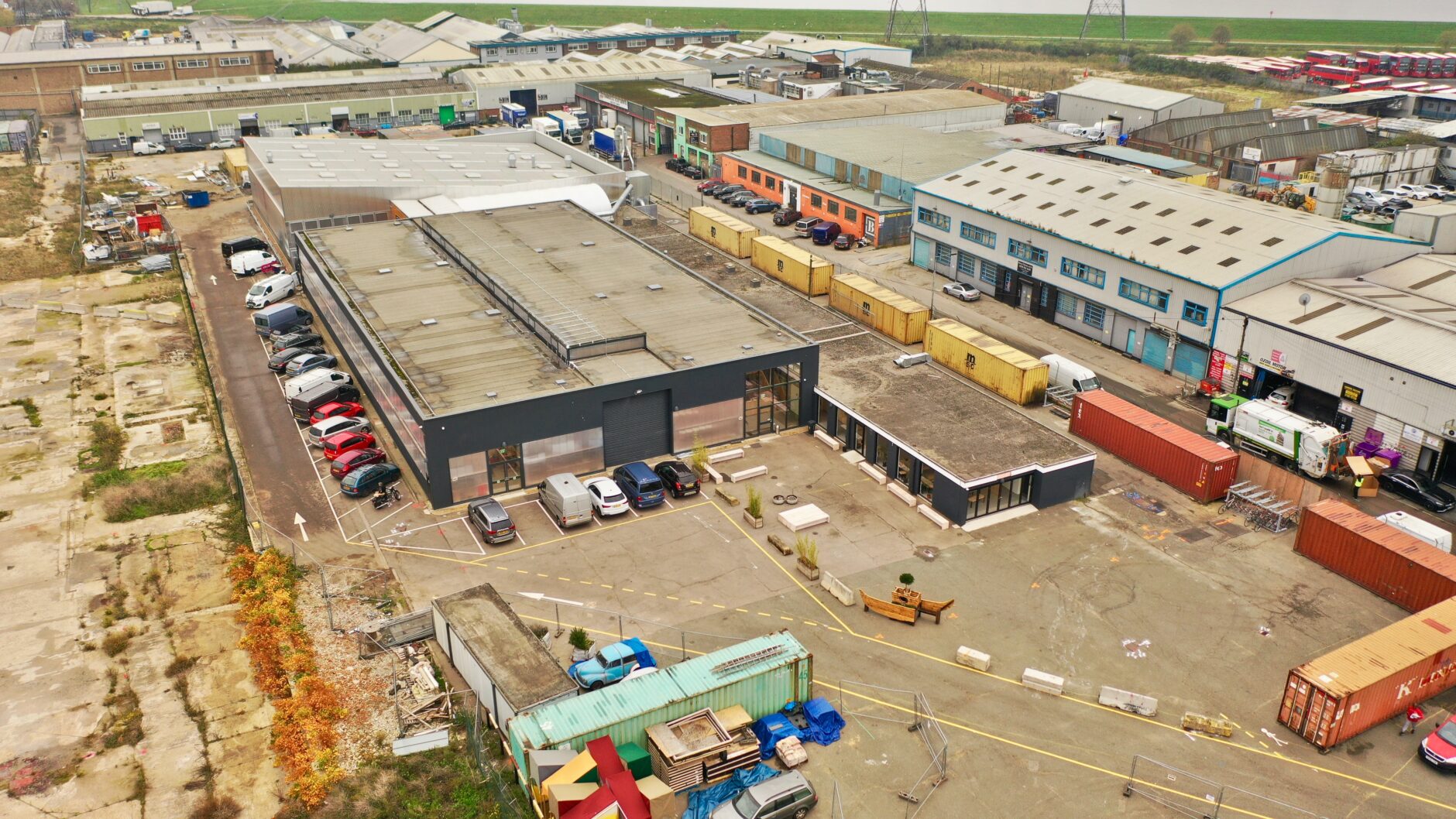 Aerial photo of Building Bloqs' new factory designed by architects and urban designers 5th Studio, at Meridian Water, Upper Edmonton. Photo: Alvie Hussein.