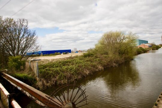 Waterways, greenery , sheds and IKEA in the background, Meridian Water, 2021. Photo: Bettie Harold-Sodipo.