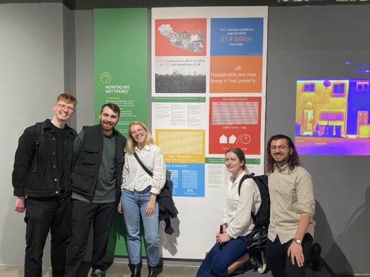 Healthy Homes Hub team, students at the London School of Architecture, with the posters they designed, on show as part of a display about this grassroots proposal commissioned by the Built Environment Trust.